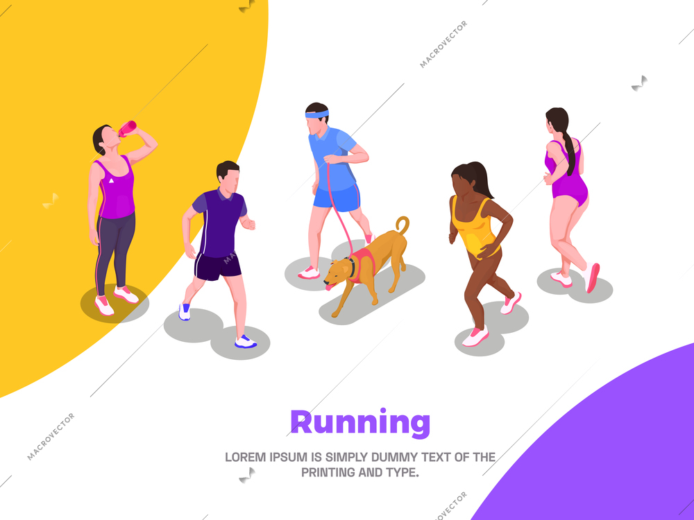 Running people poster with cardio workout symbols isometric vector illustration