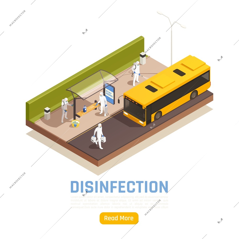 Sanitizing isometric background with outdoor scenery with bus stop being disinfected by people in chemical suits vector illustration