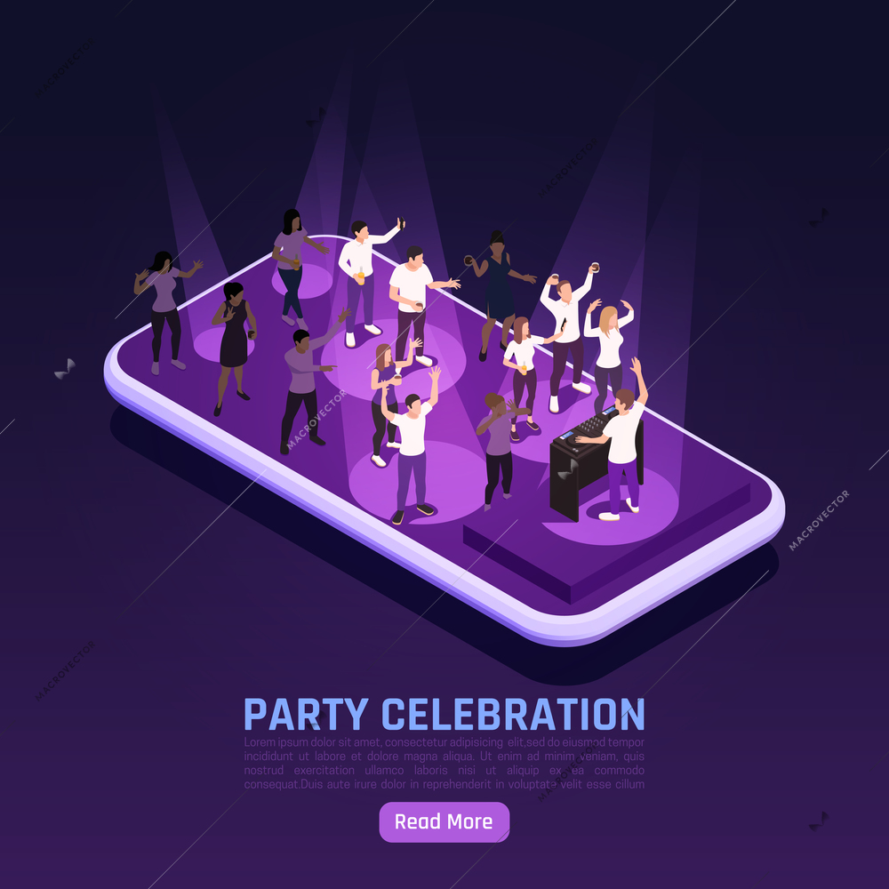 Party celebration isometric background with characters of people dancing on top of smartphone screen with text vector illustration