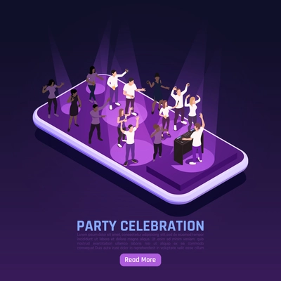 Party celebration isometric background with characters of people dancing on top of smartphone screen with text vector illustration