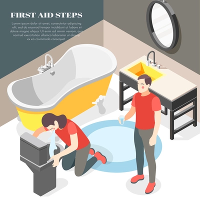 Firsts aid steps for food poisoning diarrhea vomiting isometric bathroom background with offering glass water vector illustration