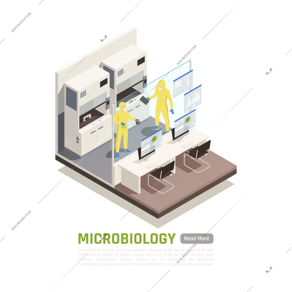 Two people in protective suits conducting experiments in microbiology laboratory 3d isometric vector illustration