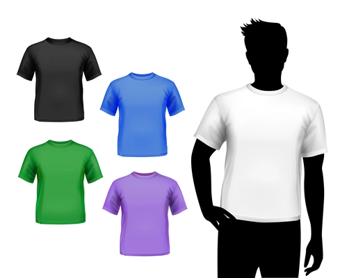 Colored round neck t-shirts male set with man silhouette isolated vector illustration
