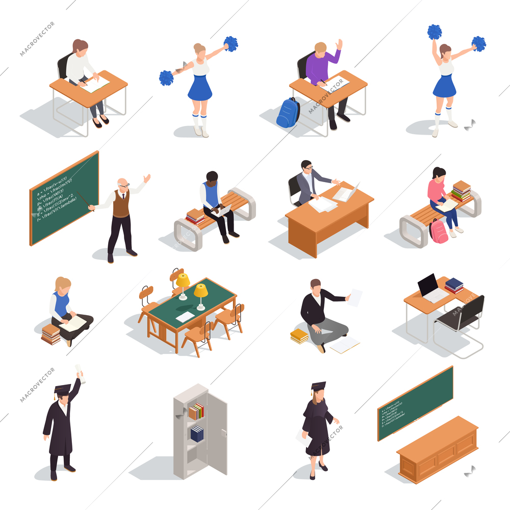 Isometric icons set with high school students teachers graduates and classroom furniture 3d isolated vector illustration