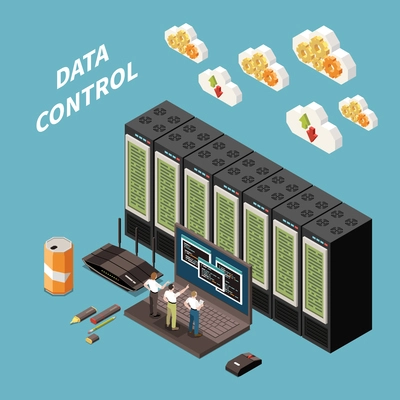 Datacenter isometric colored concept with data control headline and abstract server room vector illustration