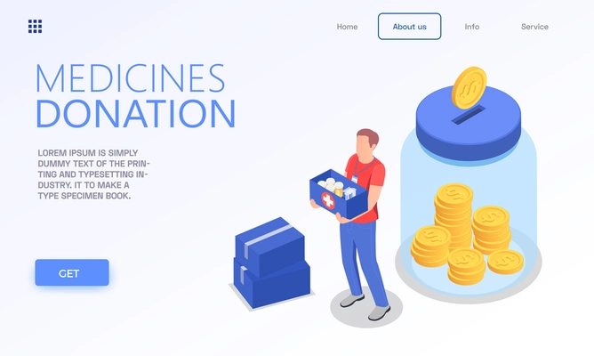 Charity donation volunteering isometric website landing page with human character holding medicine box links and text vector illustration