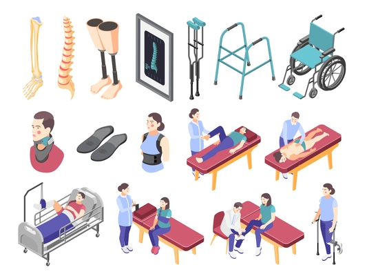 Orthopedics clinic set with equipment and treatment symbols isometric isolated vector illustration