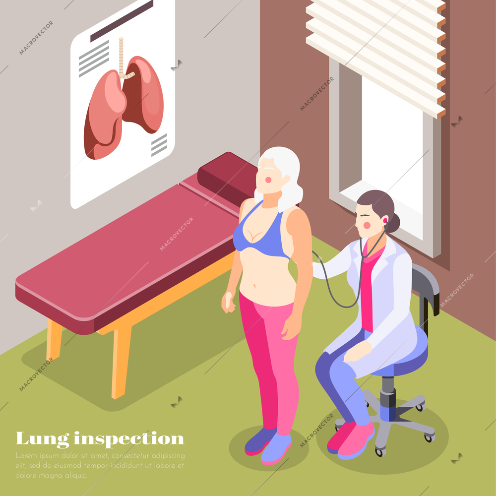 Lung inspection background with diagnostic and treatment symbols isometric vector illustration