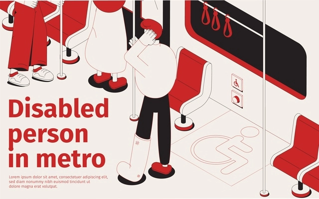 Person with broken leg traveling in metro on seat for disabled 3d isometric vector illustration