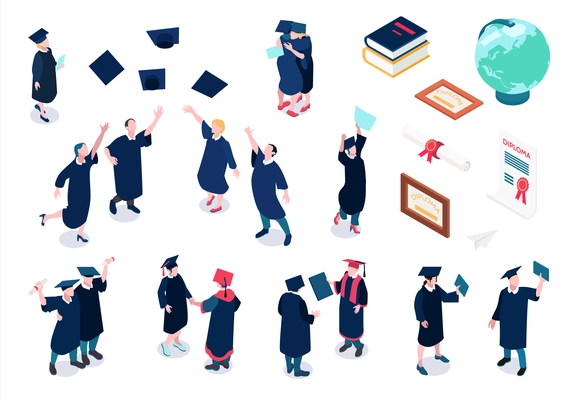 Graduating students icons set with celebration symbols isometric isolated vector illustration