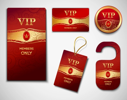 Vip members only premium golden exclusive cards red design template set isolated vector illustration