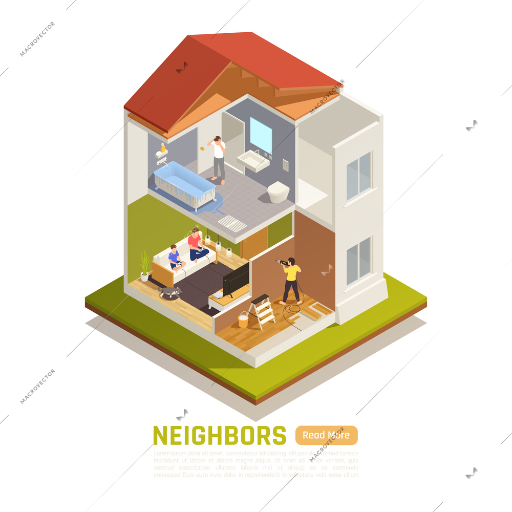 Apartment building neighbors problems isometric compositions with top floor bathtub leak drilling common wall noise vector illustration