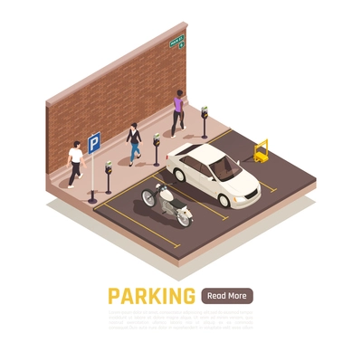 City street parking area with motorbike white car reserved place meter pedestrians isometric composition vector illustration