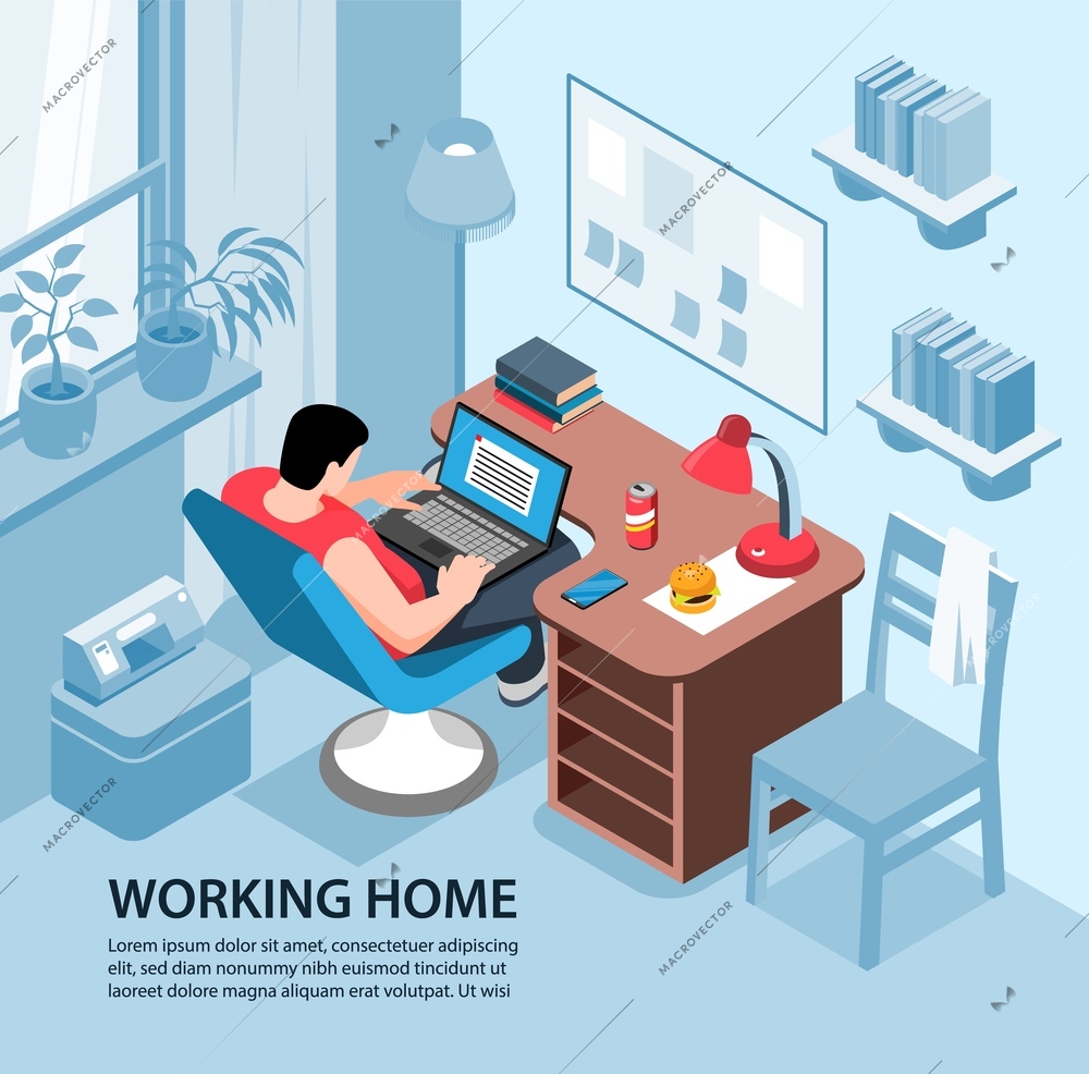 Isometric working home background composition with living room interior and male character with laptop and text vector illustration