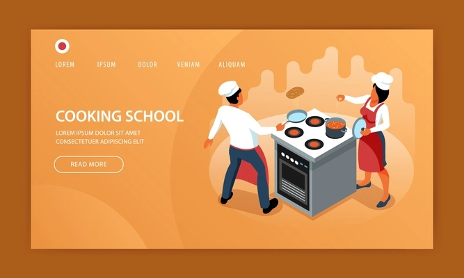 Isometric cooking website page design template with human characters at kitchen stove with links and text vector illustration