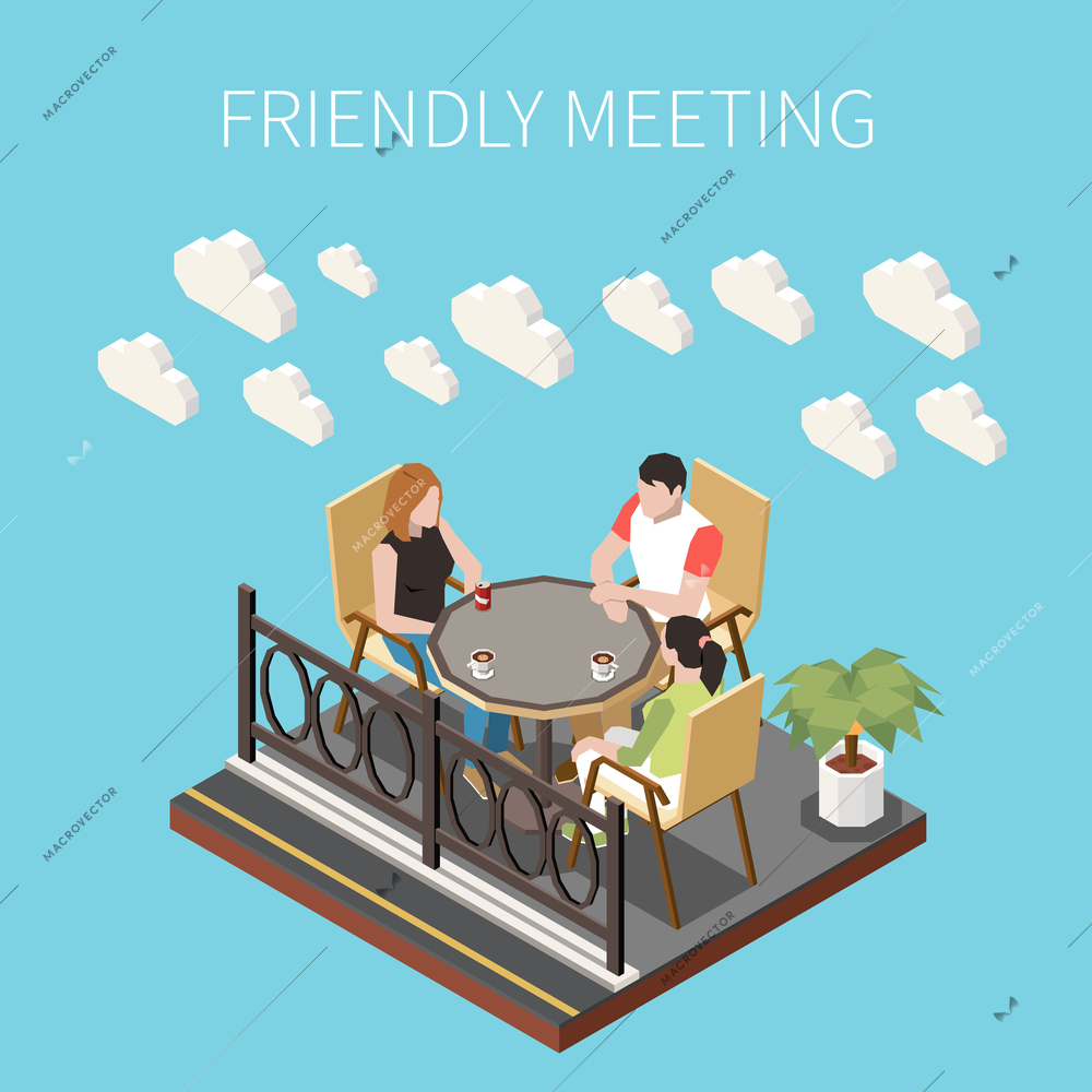 Street cafe terrace composition with friendly meeting headline and two people on the terrace vector illustration