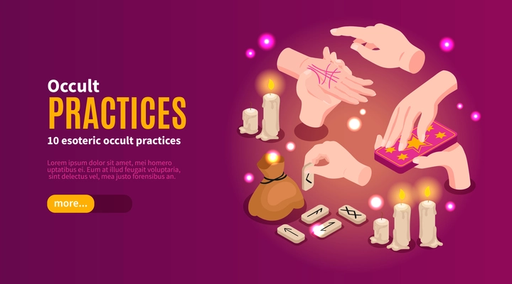 Isometric psychic fortune occult horizontal banner with editable text button and images of hands and candles vector illustration