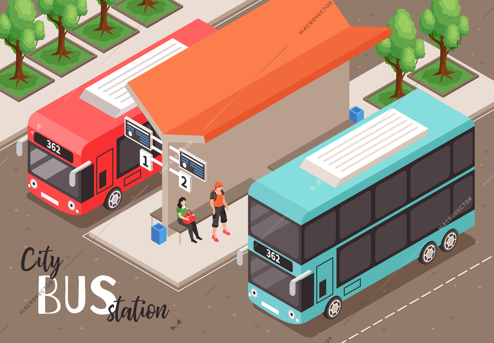 Isometric city bus stop composition with outdoor view of public stop with two platforms and people vector illustration