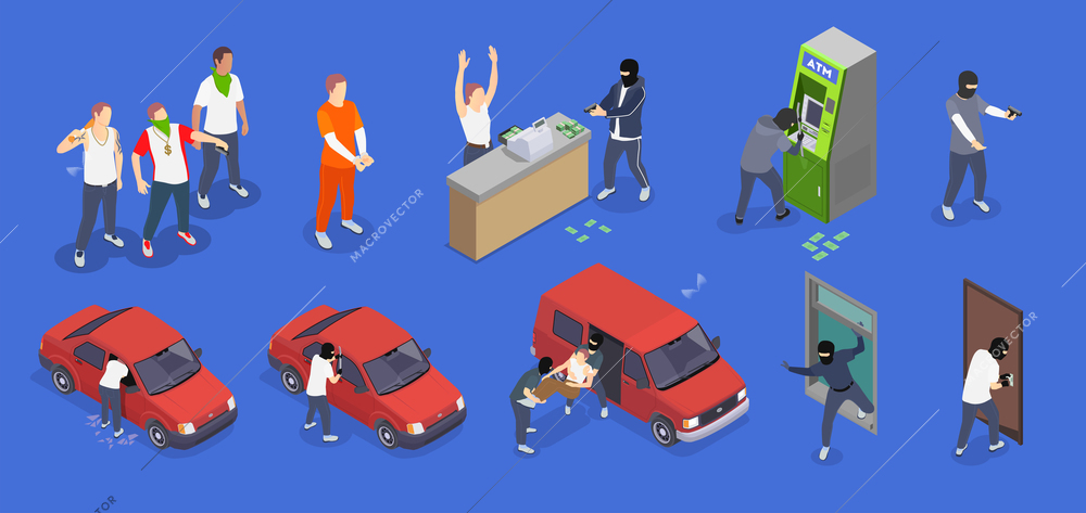 Gangsters committing different crimes isometric icons set isolated on blue background 3d vector illustration