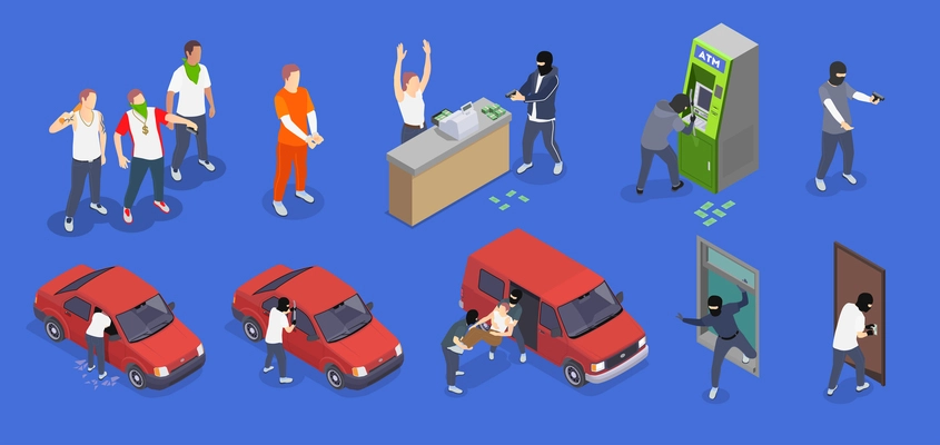 Gangsters committing different crimes isometric icons set isolated on blue background 3d vector illustration