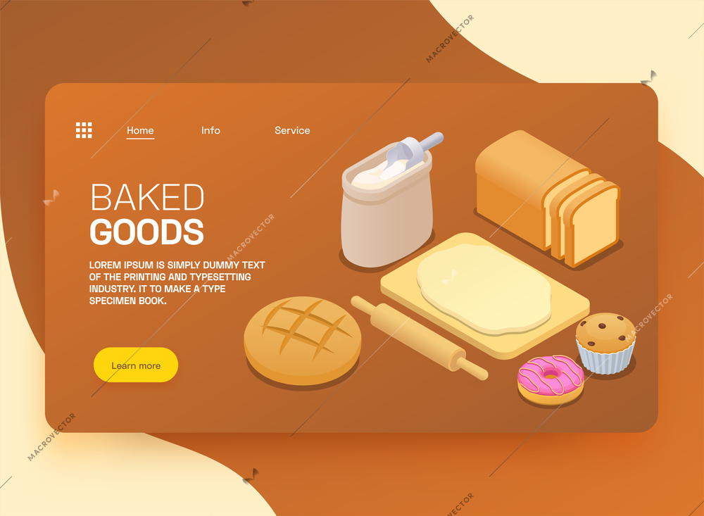 Isometric banner with baked bread cupcake donut flour dough and rolling pin 3d vector illustration