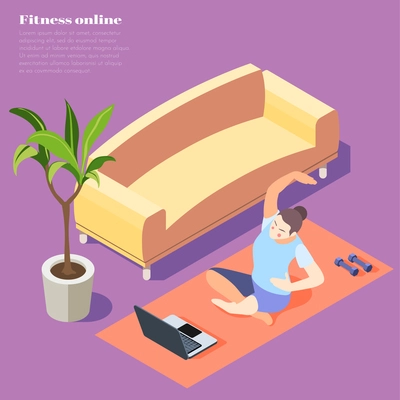 Fitness online isometric background with woman doing yoga exercise on laptop vector illustration