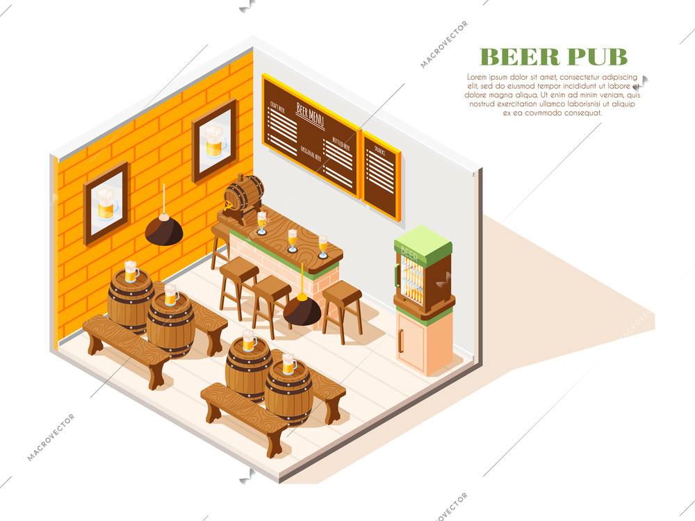 Beer pub interior isometric composition with menu board coolers oak tables benches barrels full glasses vector illustration