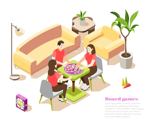 Board games isometric composition with people in home interior spend leisure time together vector illustration