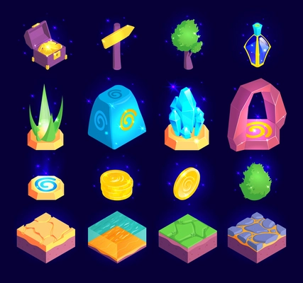 Isometric game landscape set of isolated terrain pieces with trees plants and jewels with golden coins vector illustration