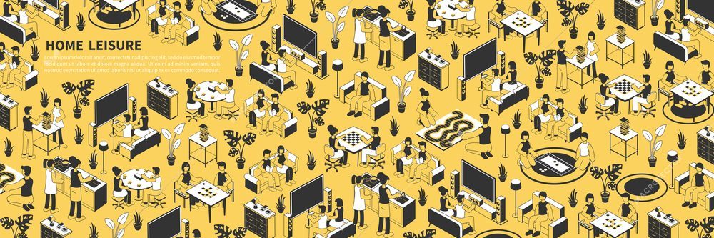 Isometric seamless pattern in yellow black and white colors with people doing various leisure activities at home 3d vector illustration