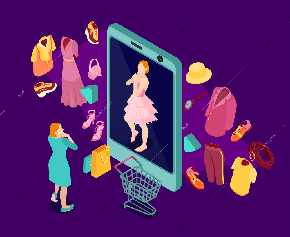 Isometric online shopping fashion composition with female character smartphone mirror and images of clothes and accessories vector illustration