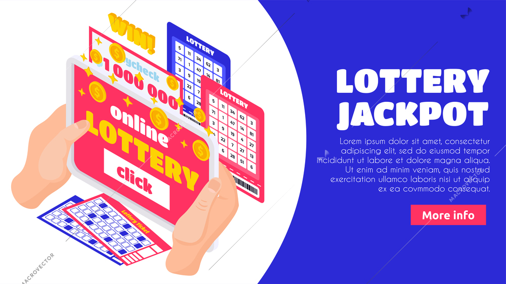 Lottery jackpot isometric landing page with human hands holding  lotto tickets and win paycheck for million dollar vector illustration