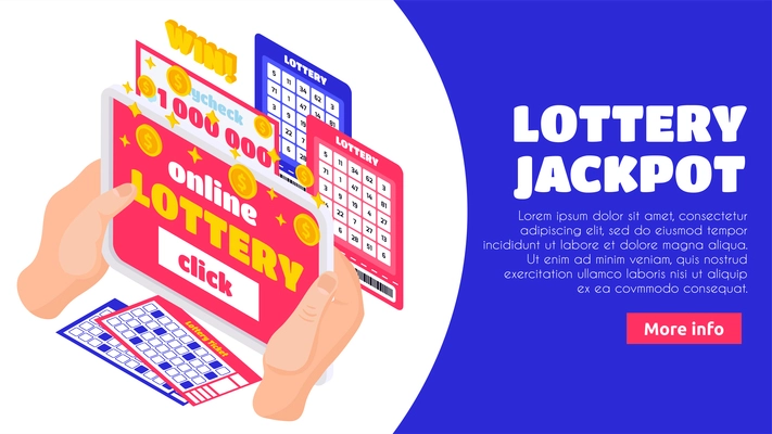 Lottery jackpot isometric landing page with human hands holding  lotto tickets and win paycheck for million dollar vector illustration