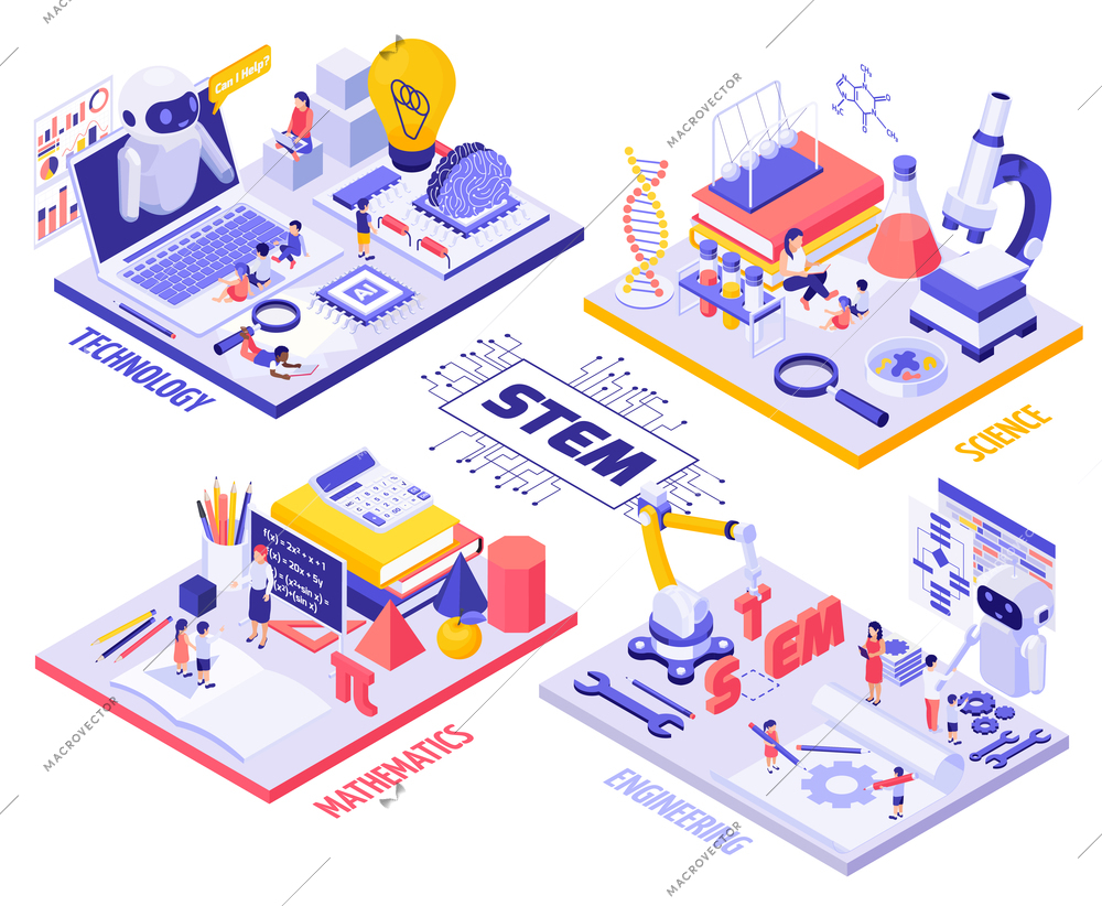 STEM education isometric Infographics with children and teachers characters laboratory equipment robots and engineering tools vector illustration