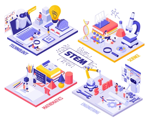 STEM education isometric Infographics with children and teachers characters laboratory equipment robots and engineering tools vector illustration