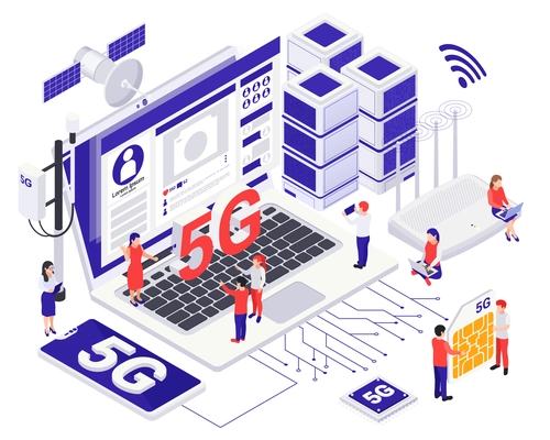 Modern internet communication 5G technology isometric design concept with small characters near big equipment vector illustration