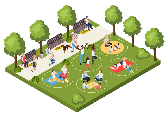 Rules of behavior for people walking and relaxing in city park during pandemic isometric composition vector illustration