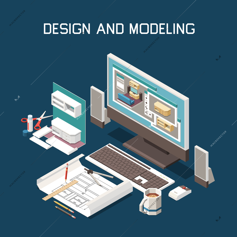 Carpentry production design 3d computer modeling furniture building instructions technical drawing software isometric composition vector illustration