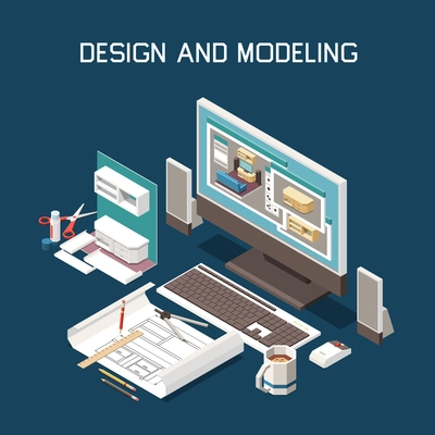 Carpentry production design 3d computer modeling furniture building instructions technical drawing software isometric composition vector illustration