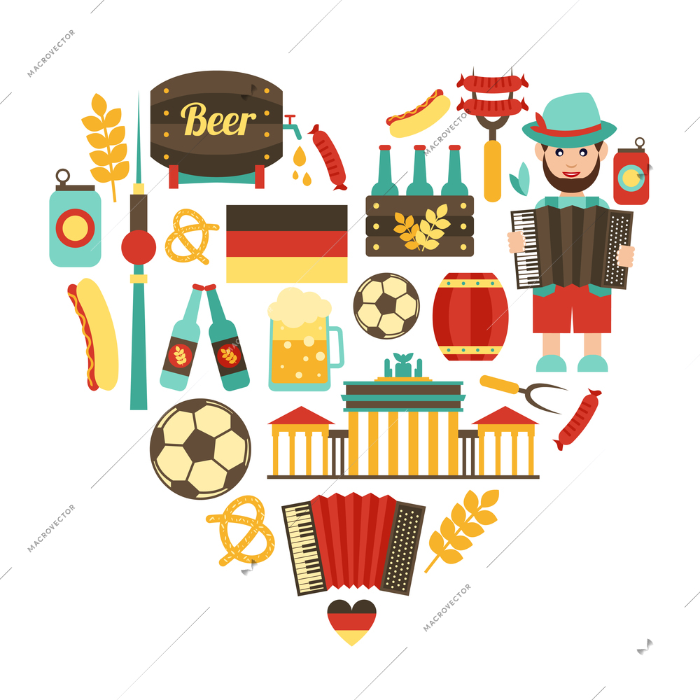 Germany travel traditional food and attractions concept icons heart set vector illustration