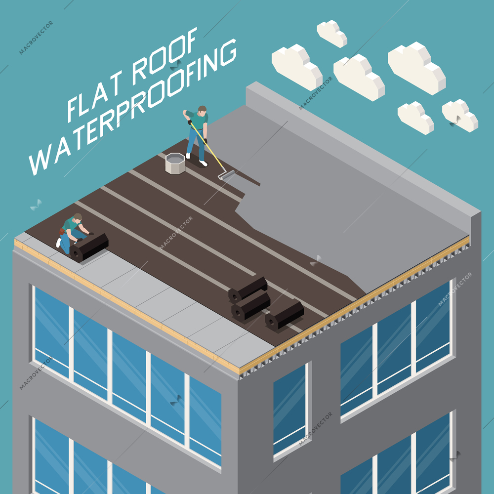 Flat roof waterproofing with polymer bitumen mastic and ruberoid gradient insulation closeup isometric composition vector illustration