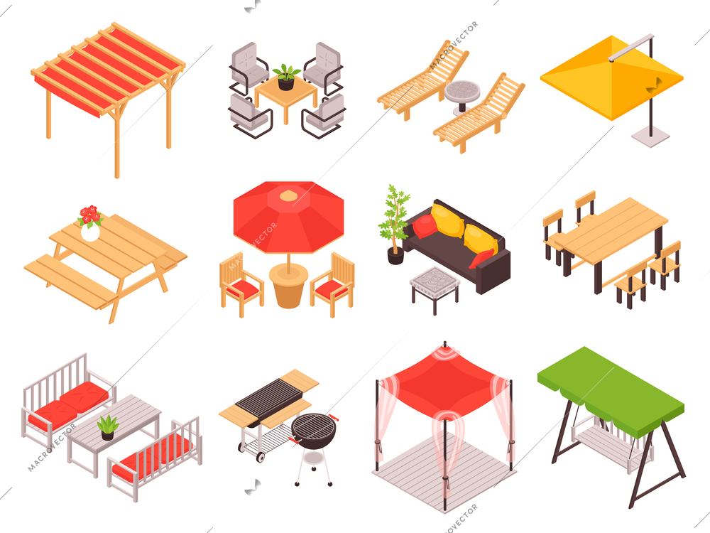 Isometric garden furniture terrace outdoor set with isolated tent images wooden tables lounge and bench swing vector illustration