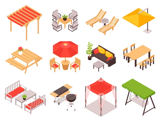 Isometric garden furniture terrace outdoor set with isolated tent images wooden tables lounge and bench swing vector illustration