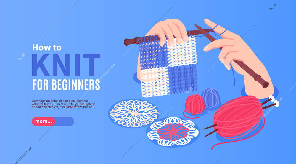 Isometric knitting horizontal banner with hands holding needles and clews with editable text and more button vector illustration