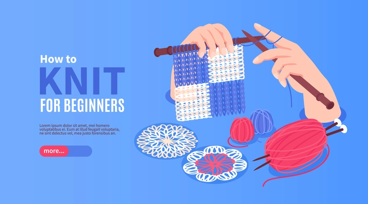 Isometric knitting horizontal banner with hands holding needles and clews with editable text and more button vector illustration