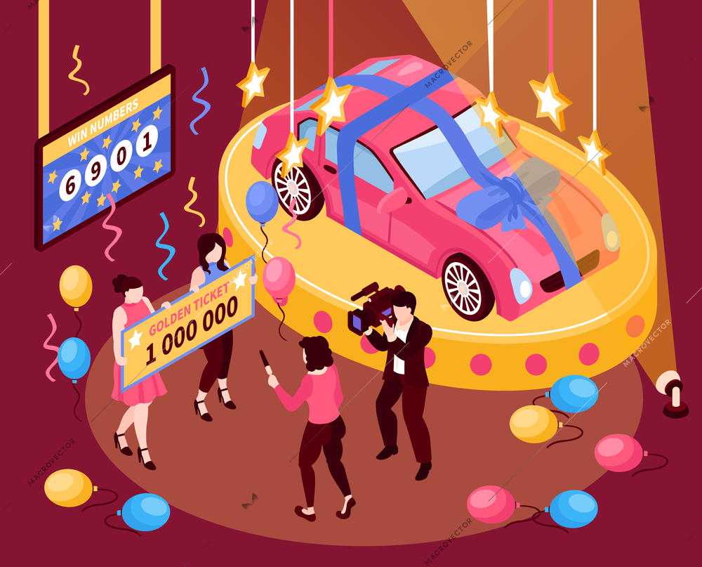 Isometric fortune lottery win composition with prize ticket and automobile with people confetti and colourful balloons vector illustration