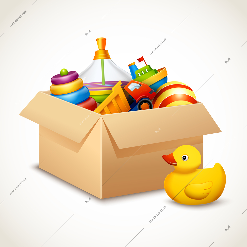 Decorative children toys set in open paper box isolated on white background vector illustration