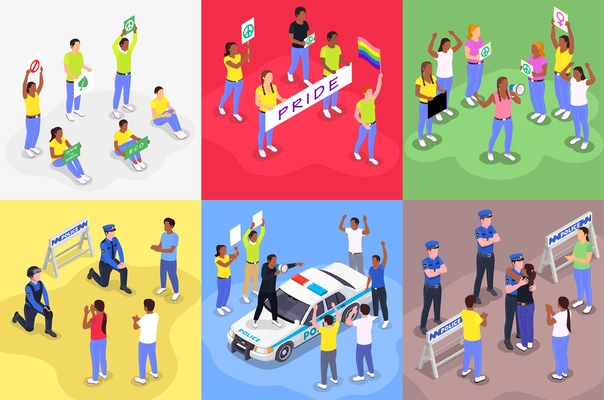 Public protest demonstration isometric design concept with human characters of police officers making peace with protesters vector illustration