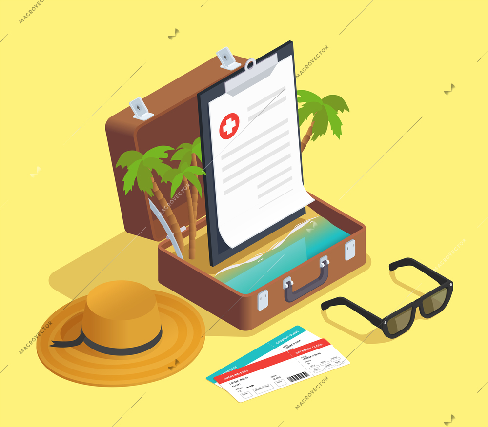 Insurance isometric composition with images of flight tickets and travel case with palm trees and contract vector illustration