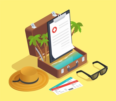 Insurance isometric composition with images of flight tickets and travel case with palm trees and contract vector illustration